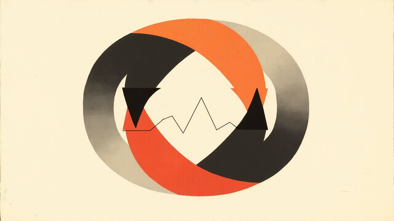 Two orange and two black arrows chasing each other in a loop around a stock chart line.